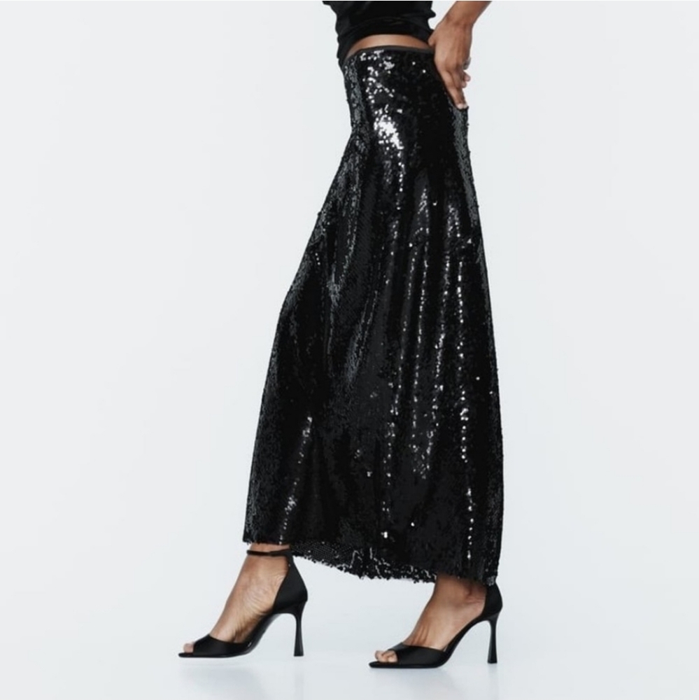 ZARA SEQUIN MIDI SKIRT size XS Black - Picture 11 of 13